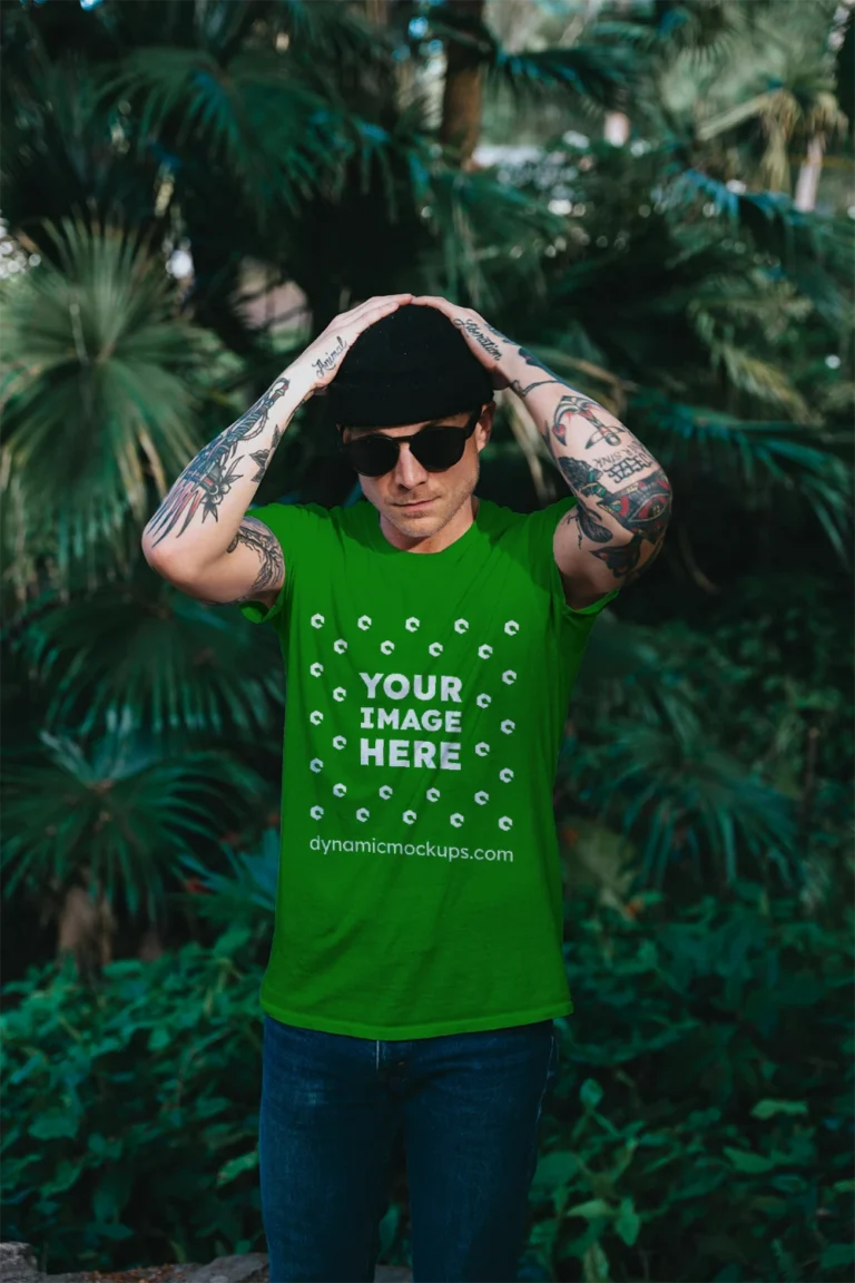 Man Wearing Green T-shirt Mockup Front View Template