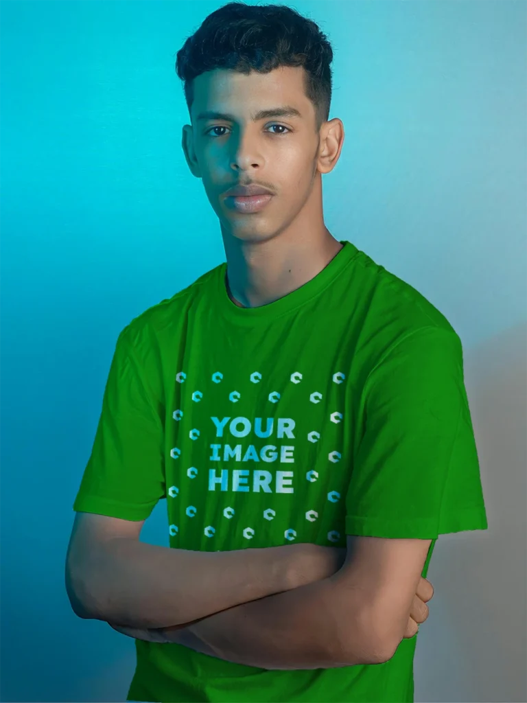 Man Wearing Green T-shirt Mockup Front View Template