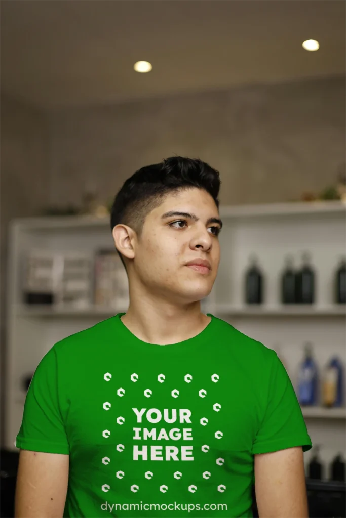 Man Wearing Green T-shirt Mockup Front View Template