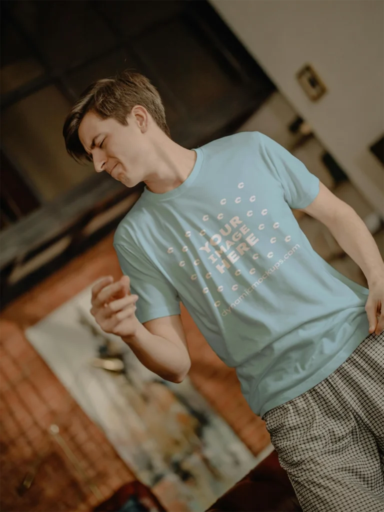 Man Wearing Light Blue T-shirt Mockup Front View Template