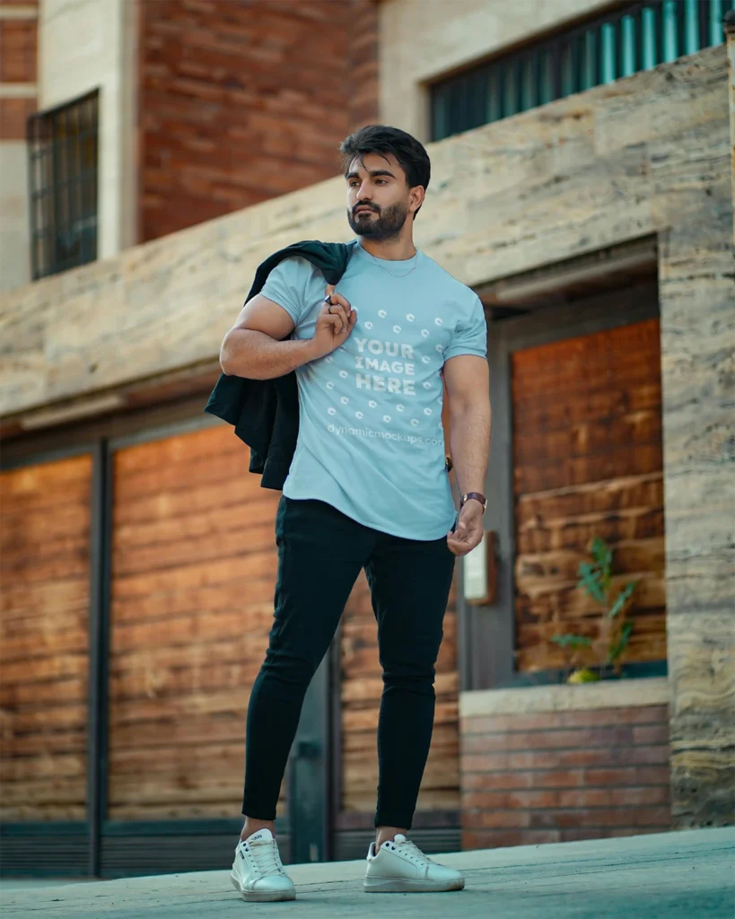 Man Wearing Light Blue T-shirt Mockup Front View Template