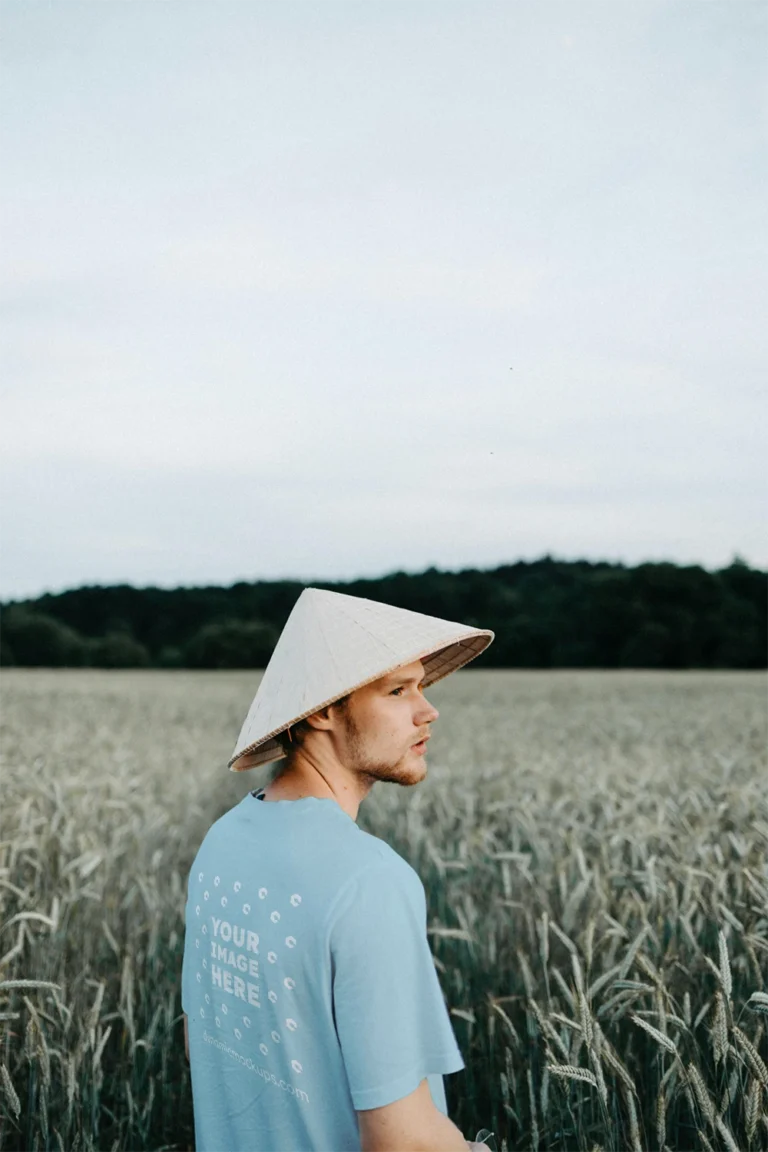 Man Wearing Light Blue T-shirt Mockup Front View Template