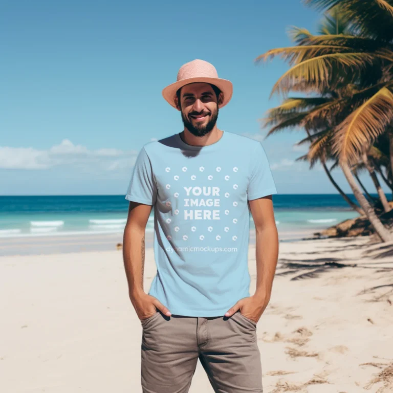 Man Wearing Light Blue T-shirt Mockup Front View Template