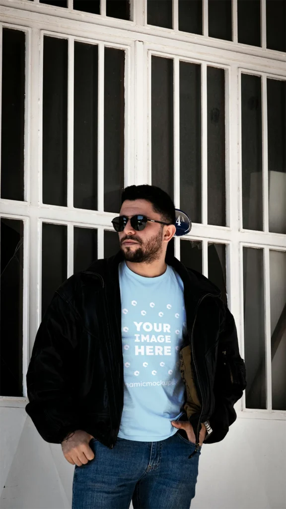 Man Wearing Light Blue T-shirt Mockup Front View Template