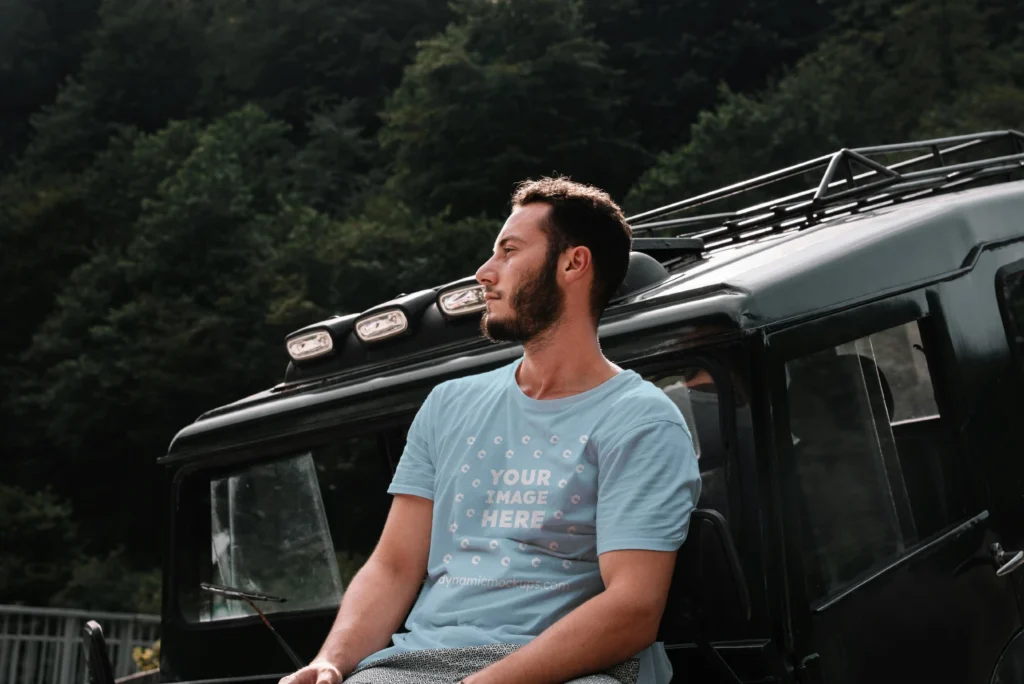 Man Wearing Light Blue T-shirt Mockup Front View Template