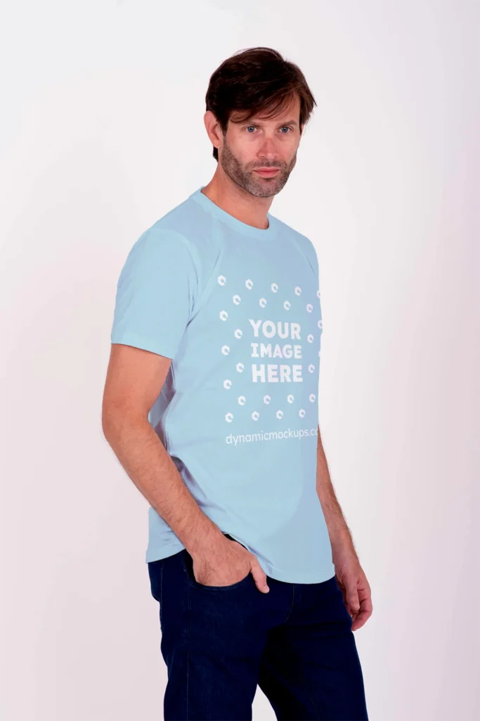 Man Wearing Light Blue T-shirt Mockup Side View Template