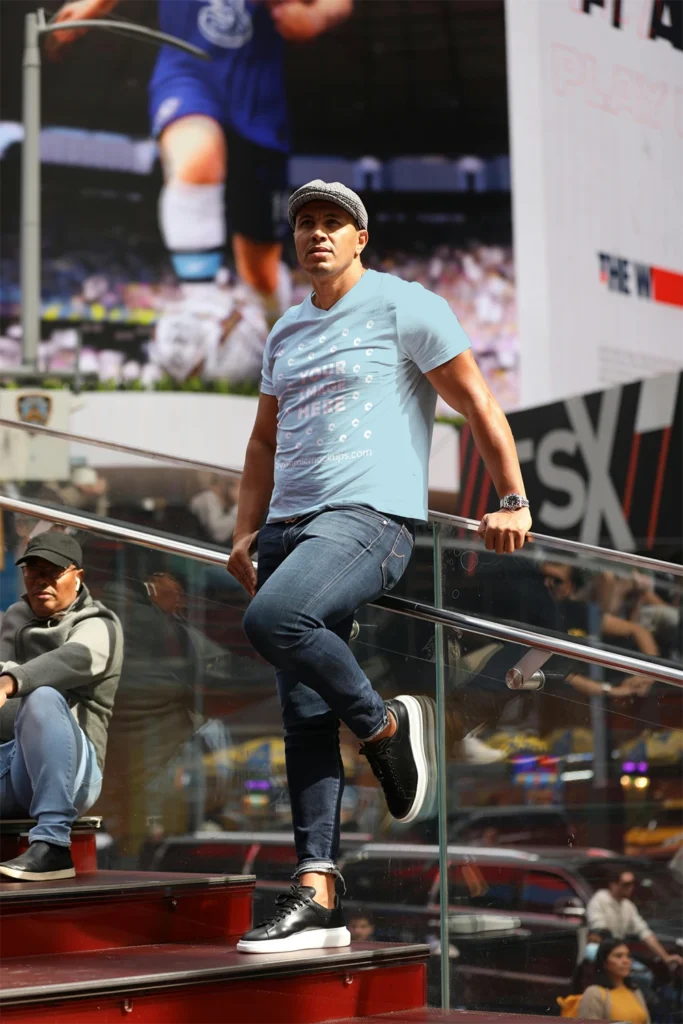 Man Wearing Light Blue T-shirt Mockup Front View Template