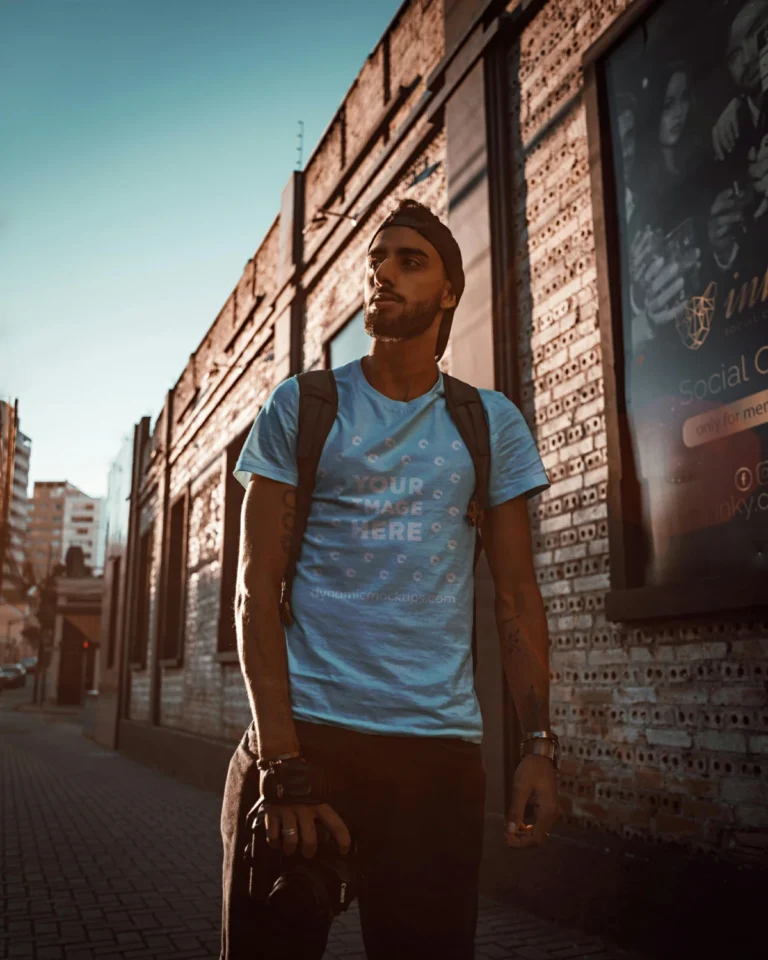 Man Wearing Light Blue T-shirt Mockup Front View Template