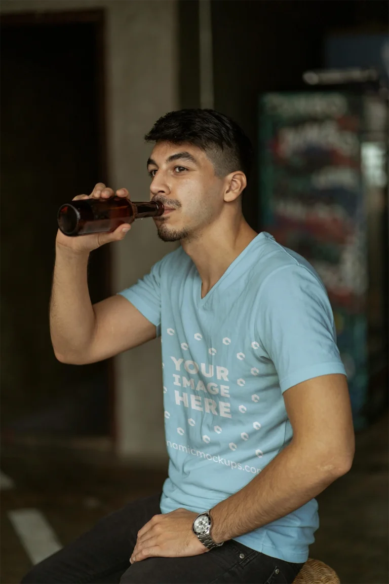 Man Wearing Light Blue T-shirt Mockup Side View Template