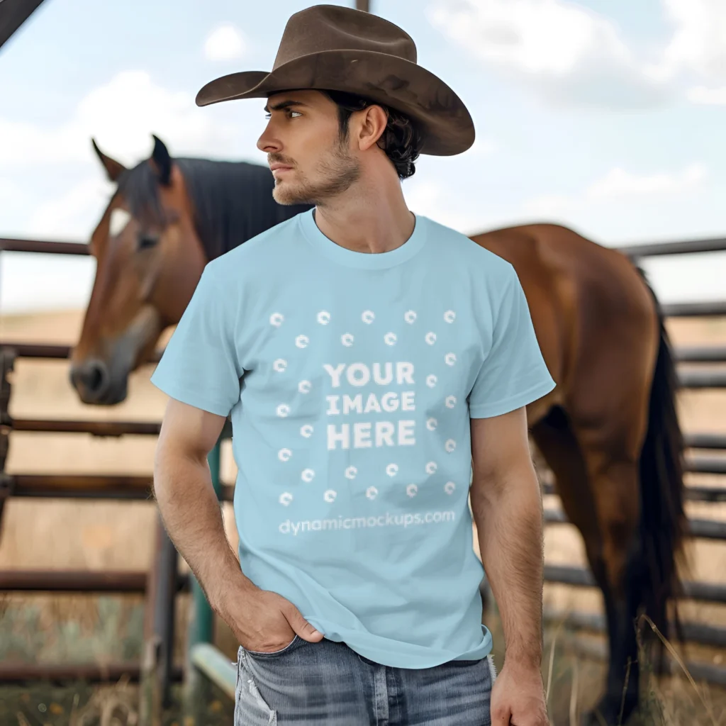 Man Wearing Light Blue T-shirt Mockup Front View Template