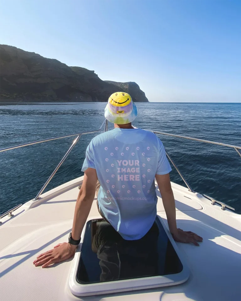 Man Wearing Light Blue T-shirt Mockup Back View Template