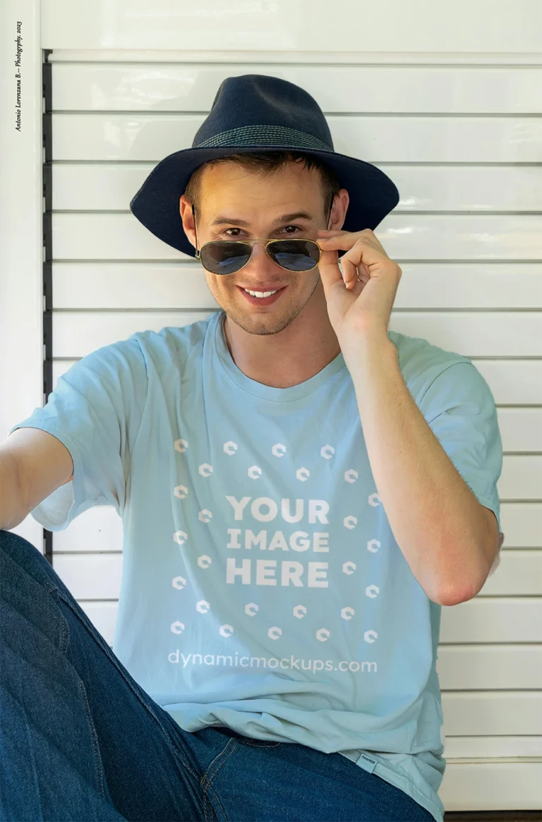 Man Wearing Light Blue T-shirt Mockup Front View Template