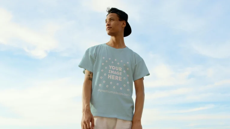 Man Wearing Light Blue T-shirt Mockup Front View Template