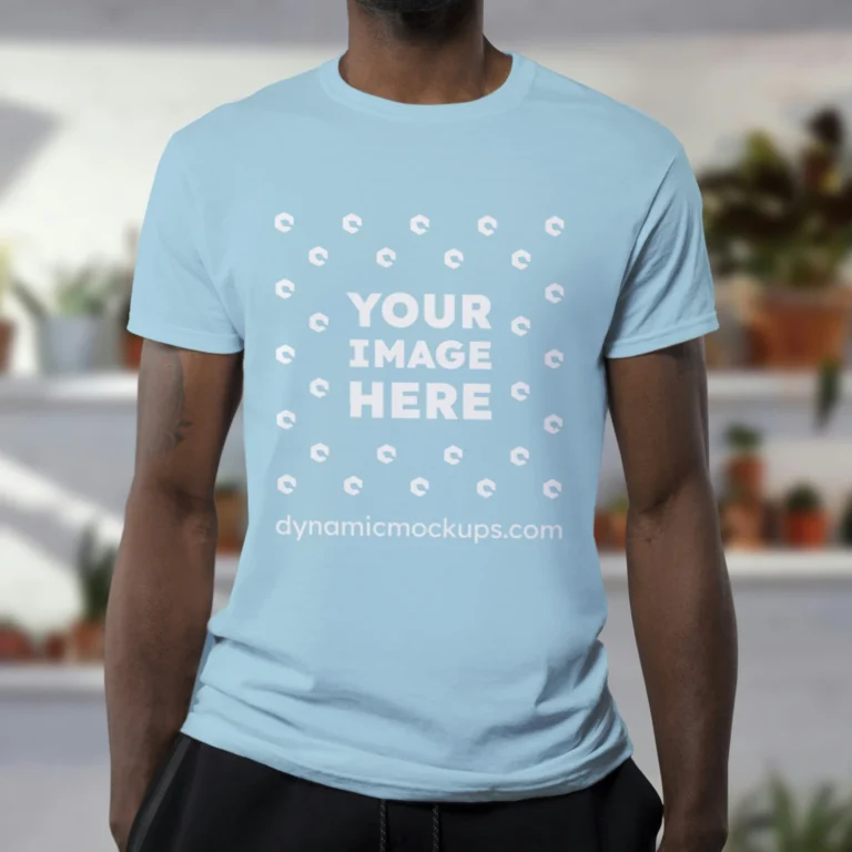 Man Wearing Light Blue T-shirt Mockup Front View Template