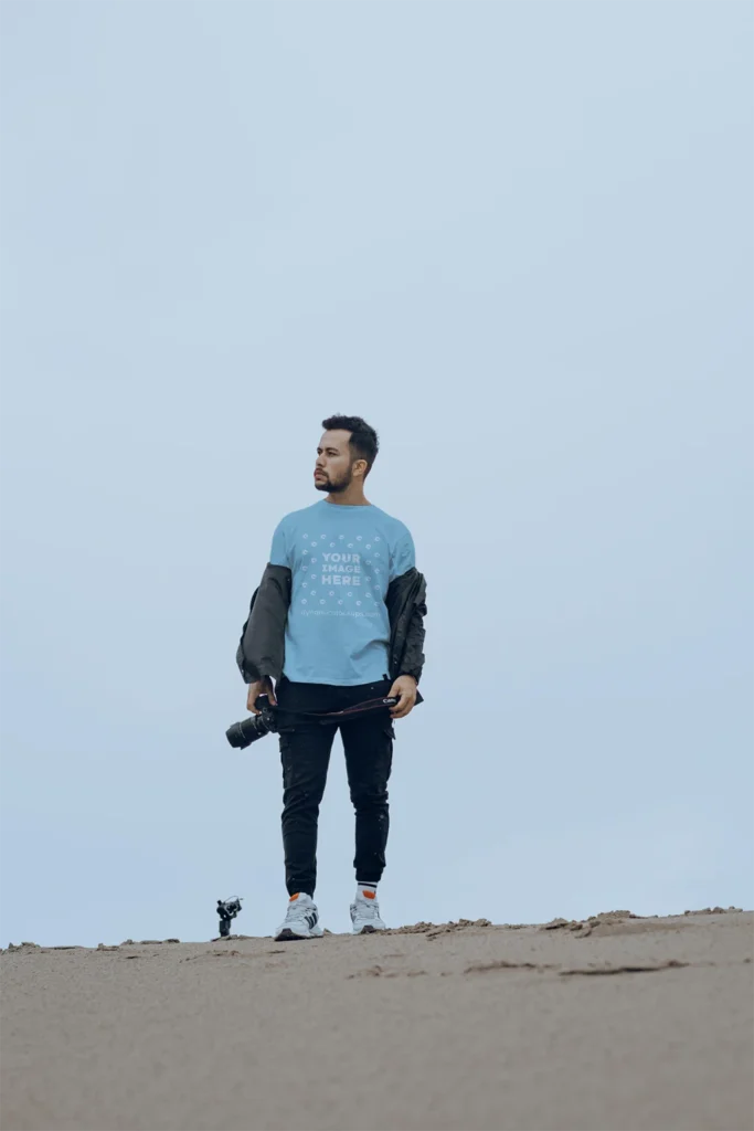 Man Wearing Light Blue T-shirt Mockup Front View Template