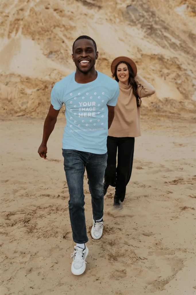 Man Wearing Light Blue T-shirt Mockup Front View Template