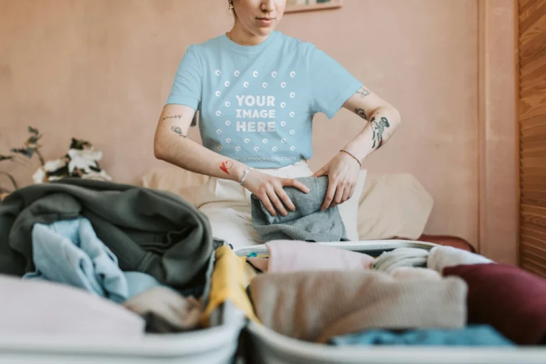 Man Wearing Light Blue T-shirt Mockup Front View Template