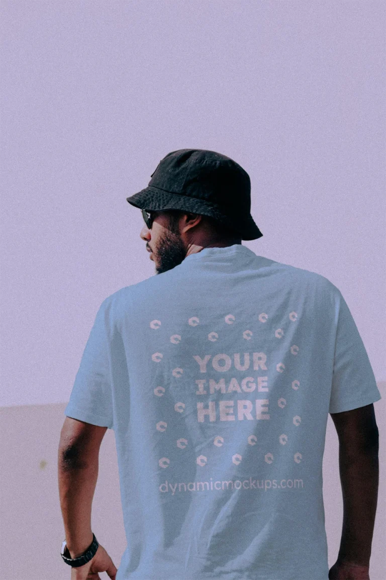 Man Wearing Light Blue T-shirt Mockup Back View Template