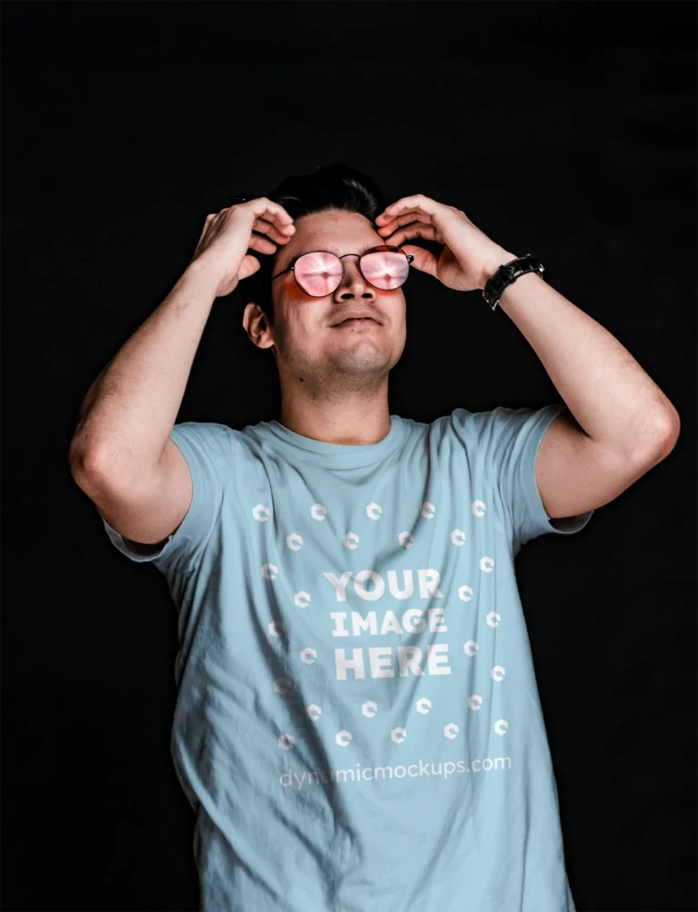 Man Wearing Light Blue T-shirt Mockup Front View Template