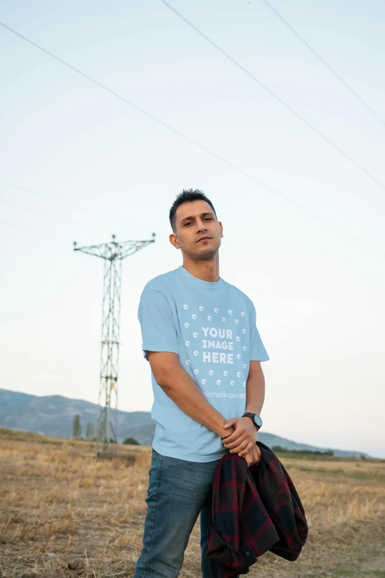 Man Wearing Light Blue T-shirt Mockup Front View Template