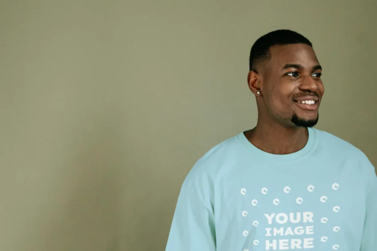 Man Wearing Light Blue T-shirt Mockup Front View Template