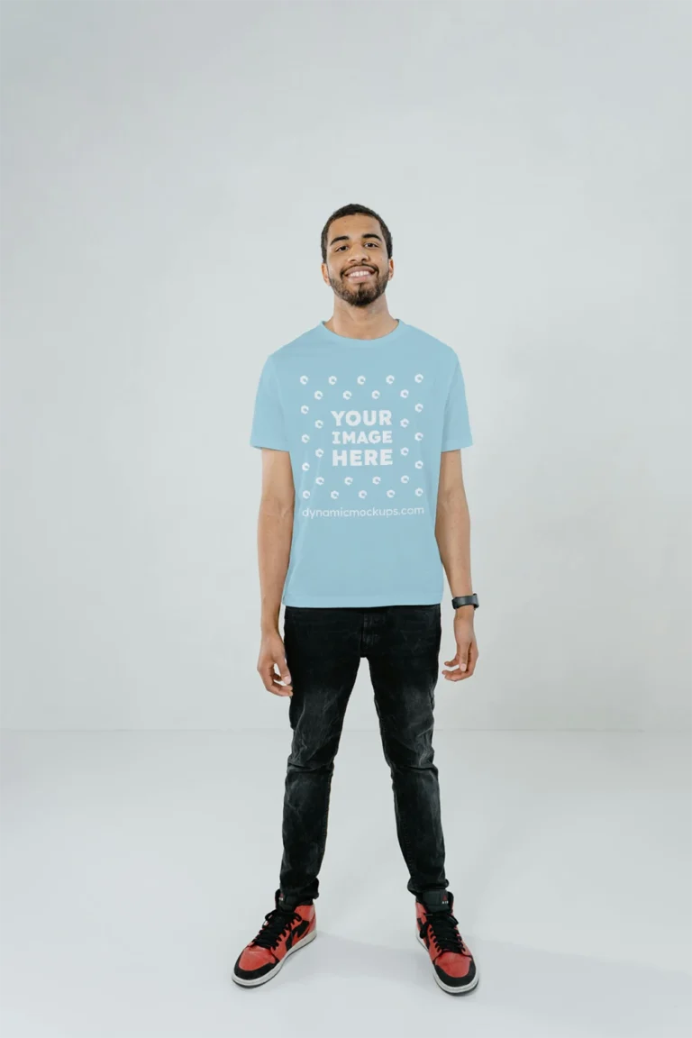 Man Wearing Light Blue T-shirt Mockup Front View Template