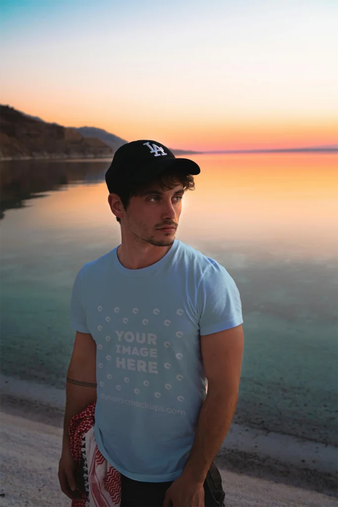 Man Wearing Light Blue T-shirt Mockup Front View Template