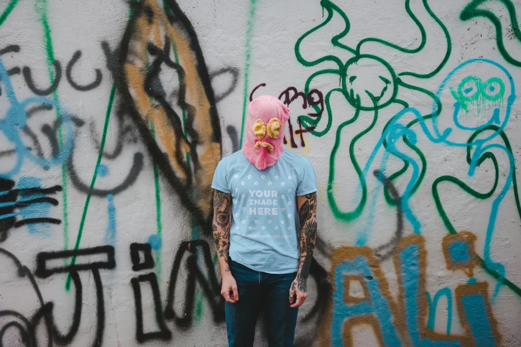 Man Wearing Light Blue T-shirt Mockup Front View Template