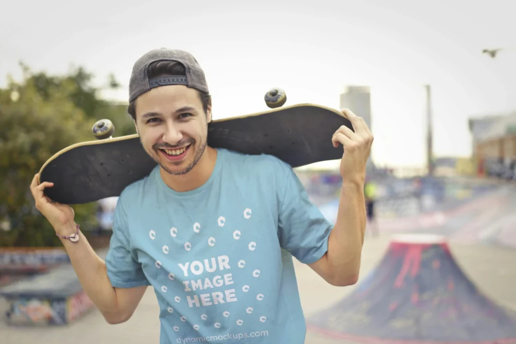 Man Wearing Light Blue T-shirt Mockup Front View Template