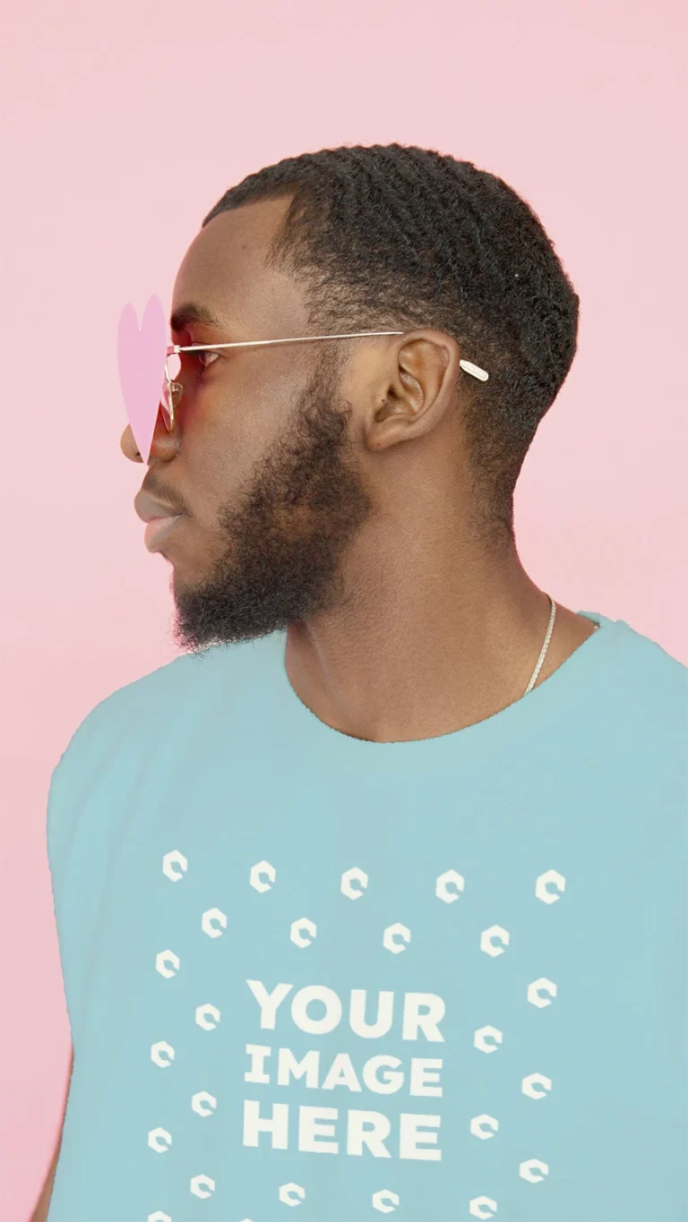 Man Wearing Light Blue T-shirt Mockup Front View Template