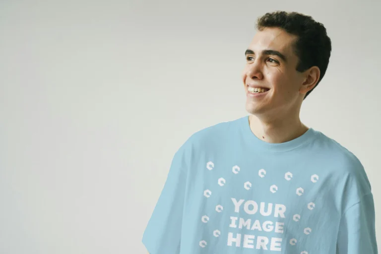 Man Wearing Light Blue T-shirt Mockup Front View Template