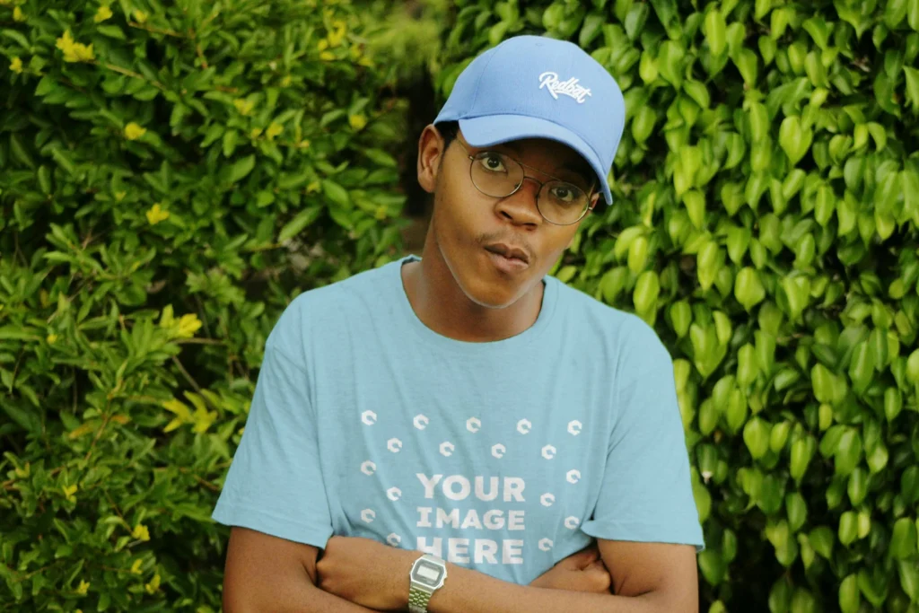 Man Wearing Light Blue T-shirt Mockup Front View Template