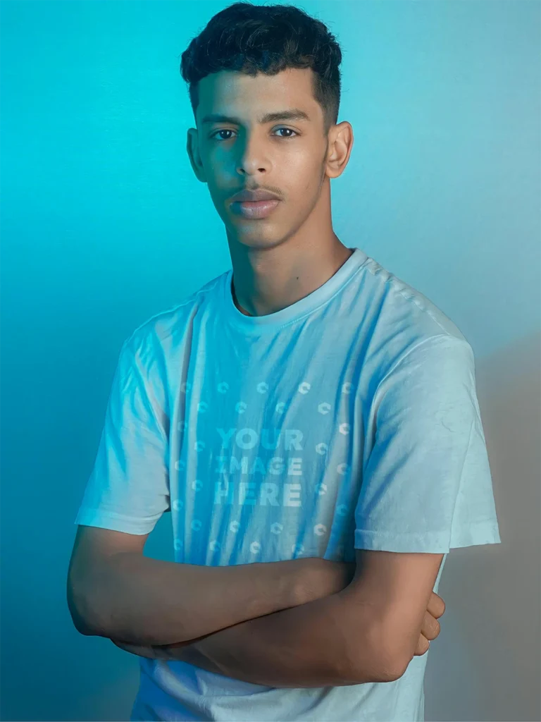 Man Wearing Light Blue T-shirt Mockup Front View Template