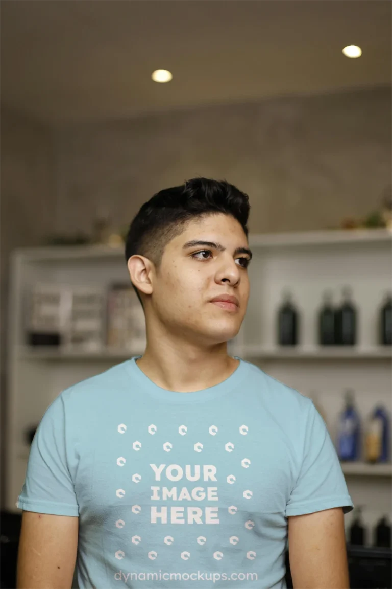 Man Wearing Light Blue T-shirt Mockup Front View Template