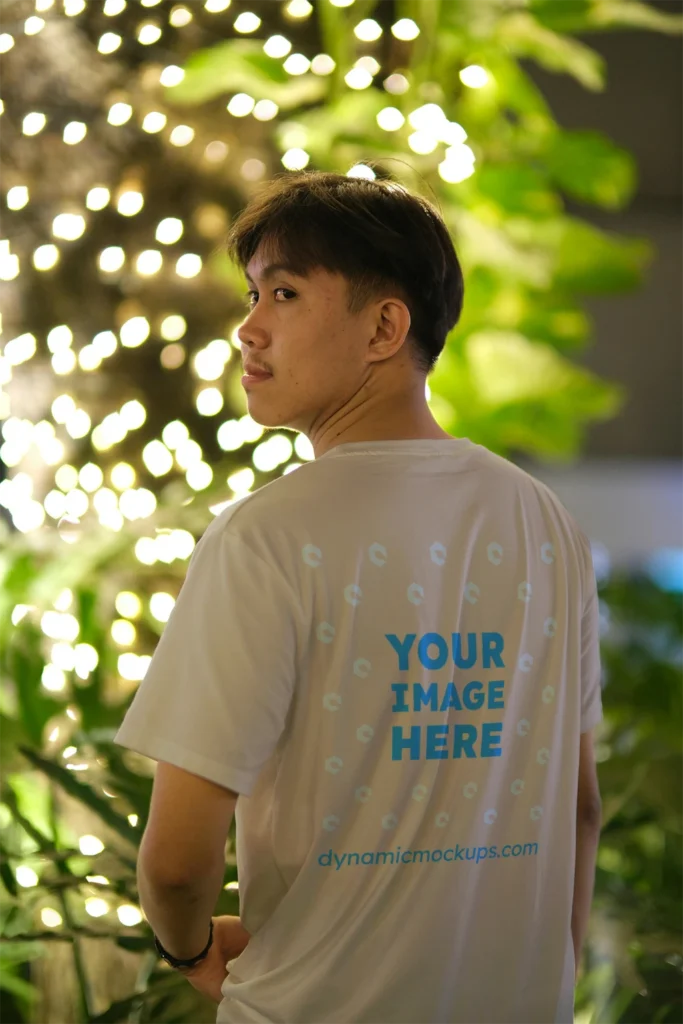 Man Wearing Light Gray T-shirt Mockup Back View Template