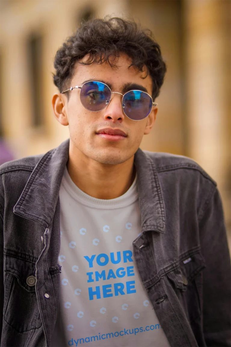 Man Wearing Light Gray T-shirt Mockup Front View Template