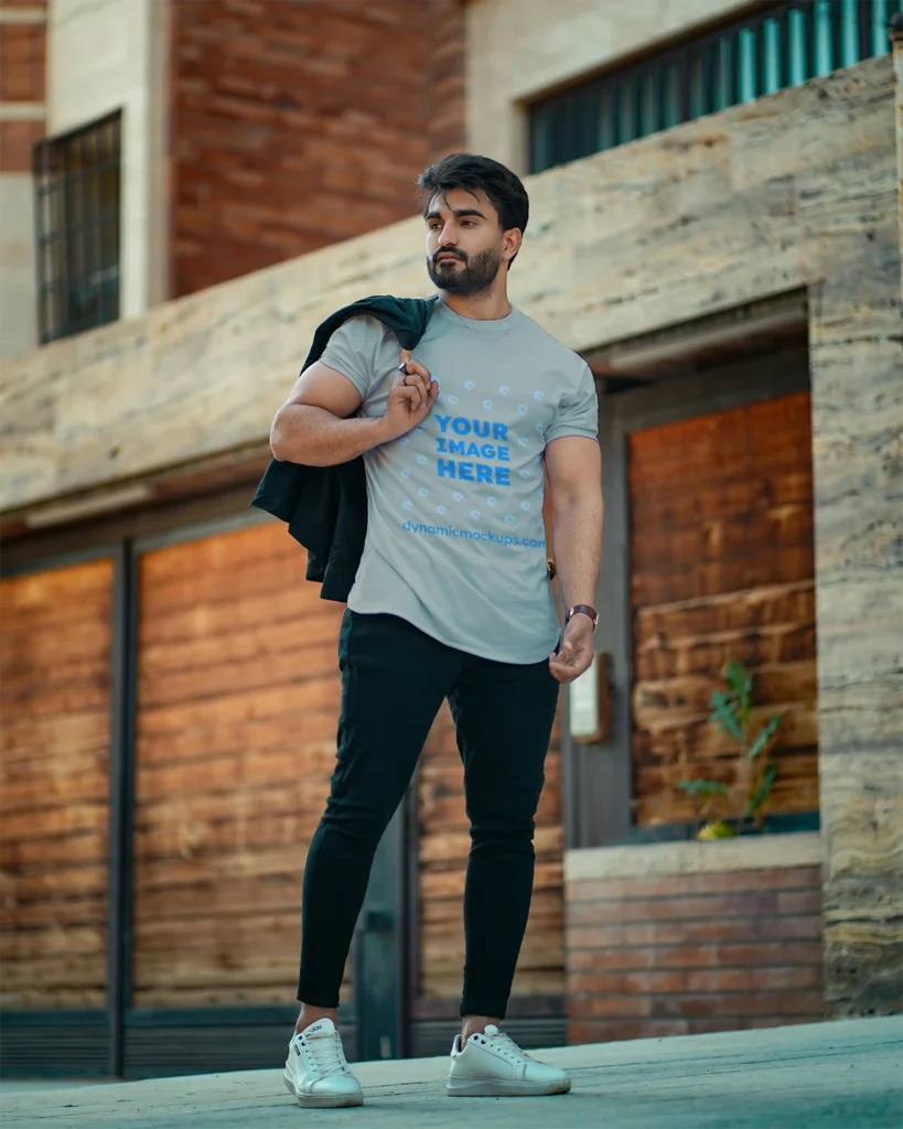 Man Wearing Light Gray T-shirt Mockup Front View Template