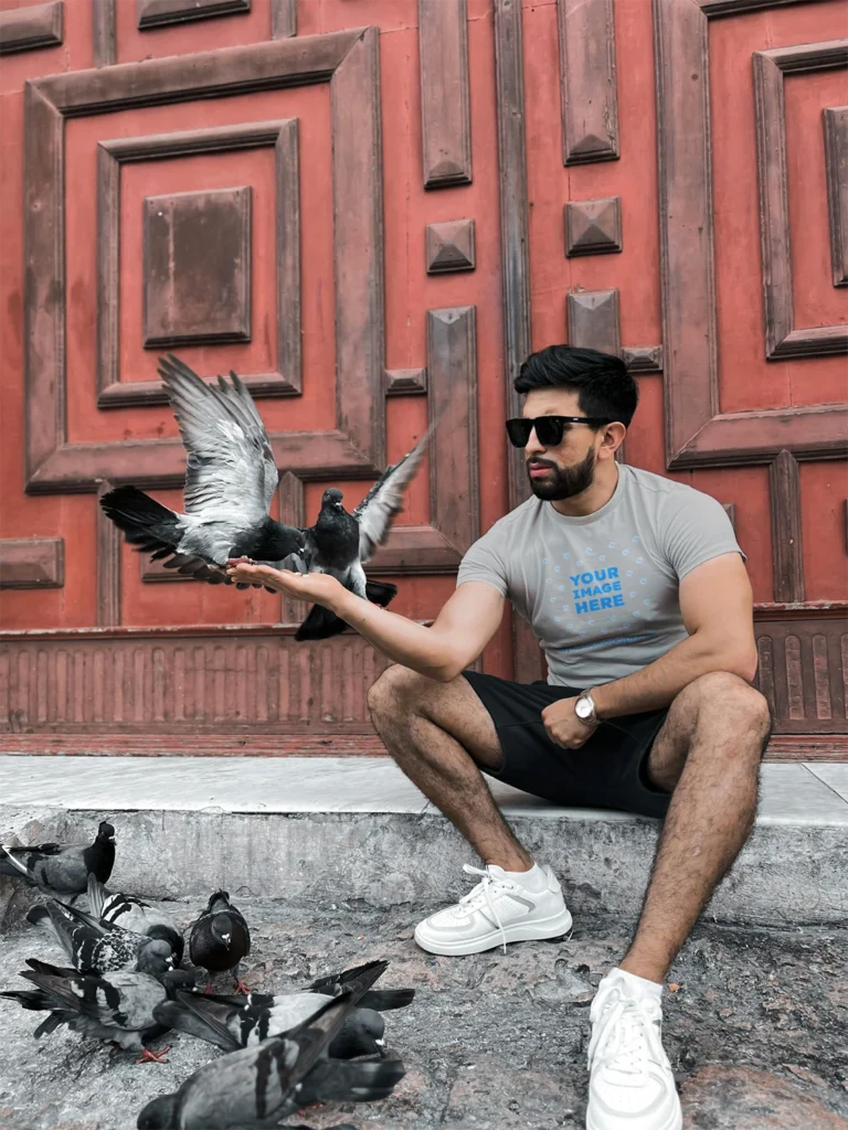 Man Wearing Light Gray T-shirt Mockup Front View Template