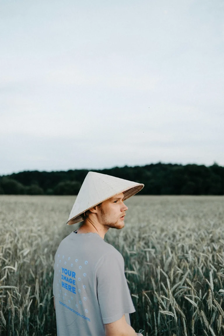 Man Wearing Light Gray T-shirt Mockup Front View Template