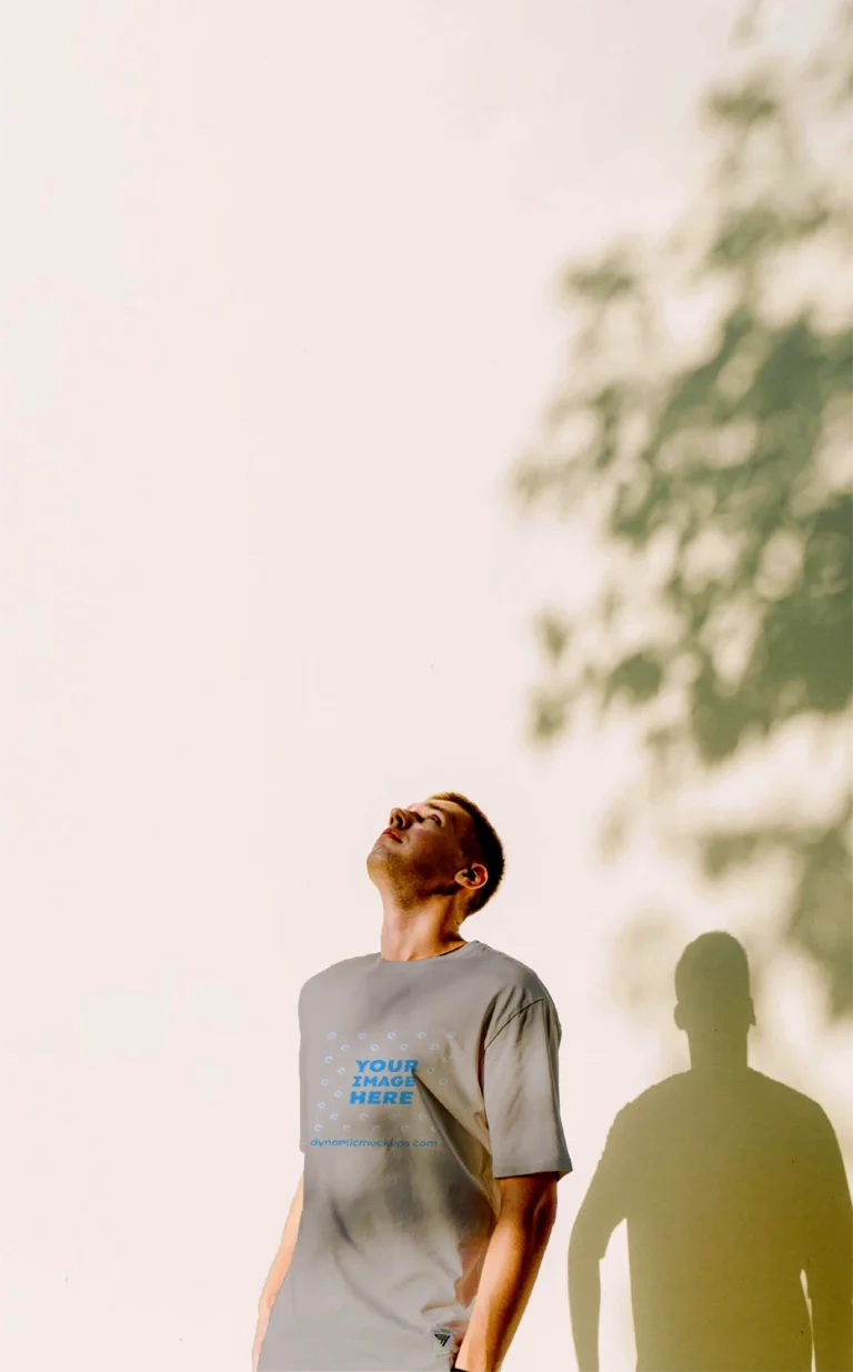 Man Wearing Light Gray T-shirt Mockup Front View Template