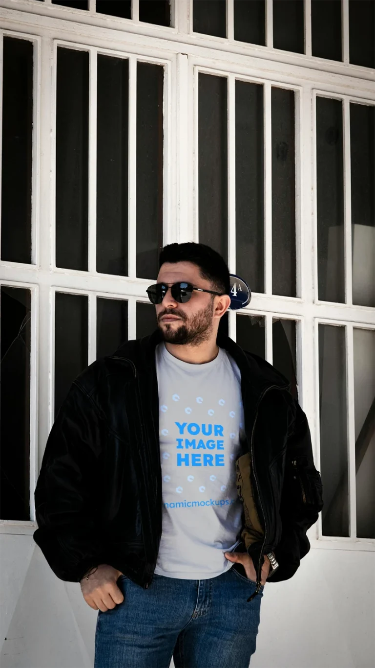 Man Wearing Light Gray T-shirt Mockup Front View Template