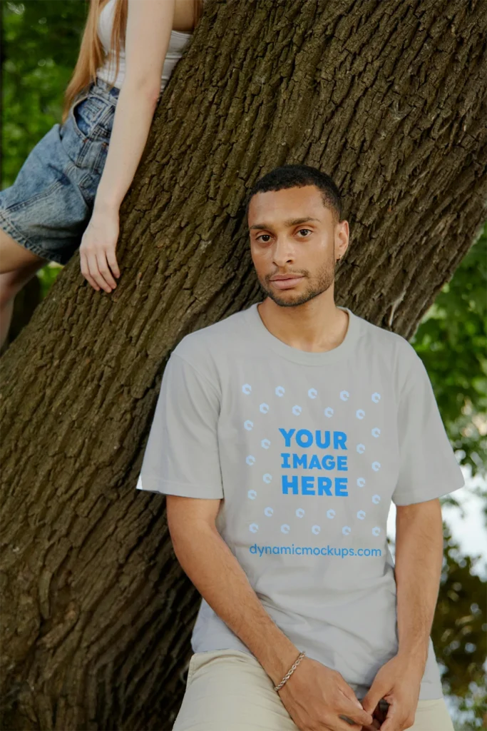 Man Wearing Light Gray T-shirt Mockup Front View Template