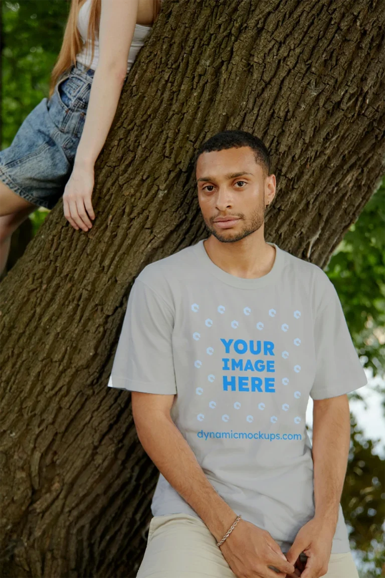 Man Wearing Light Gray T-shirt Mockup Front View Template