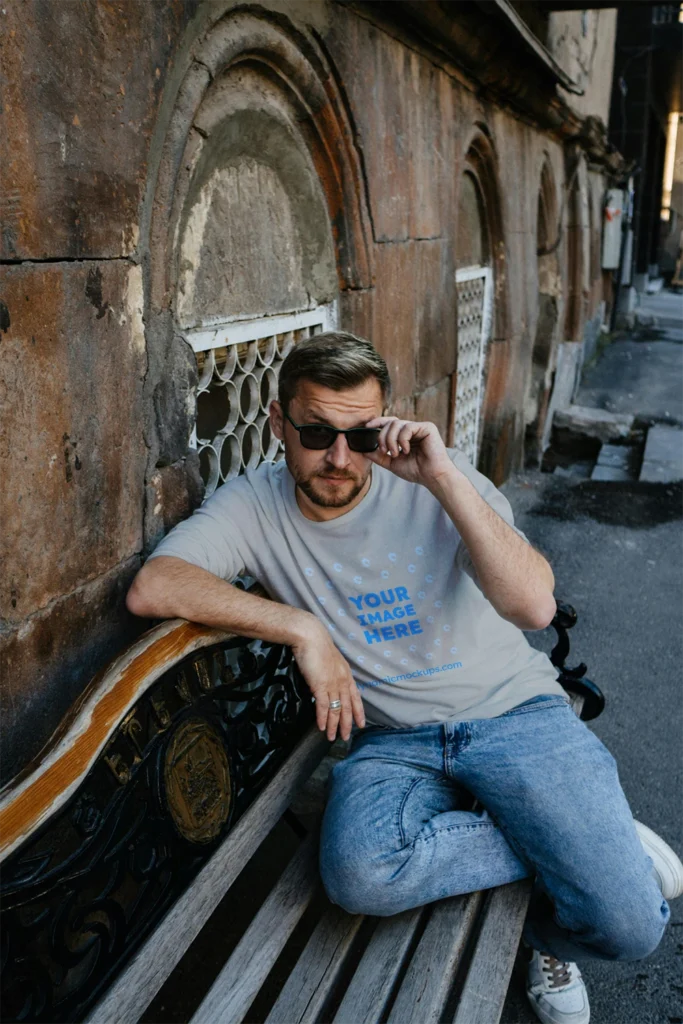 Man Wearing Light Gray T-shirt Mockup Front View Template