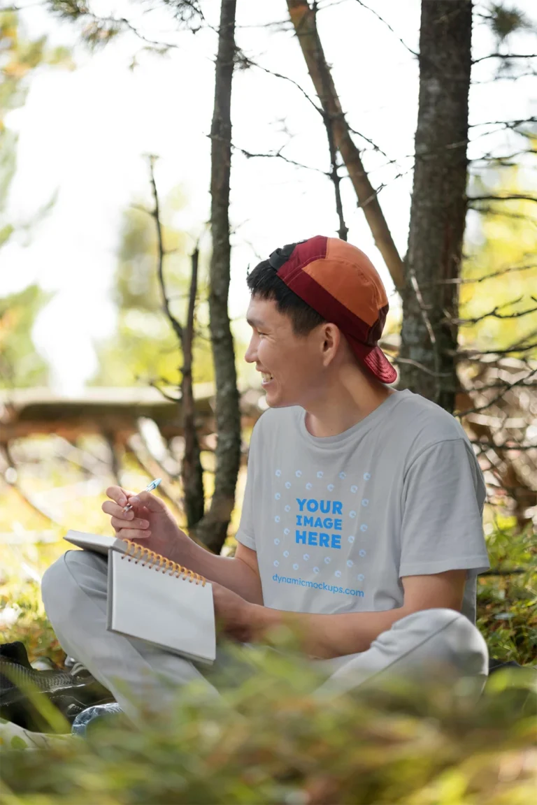 Man Wearing Light Gray T-shirt Mockup Front View Template