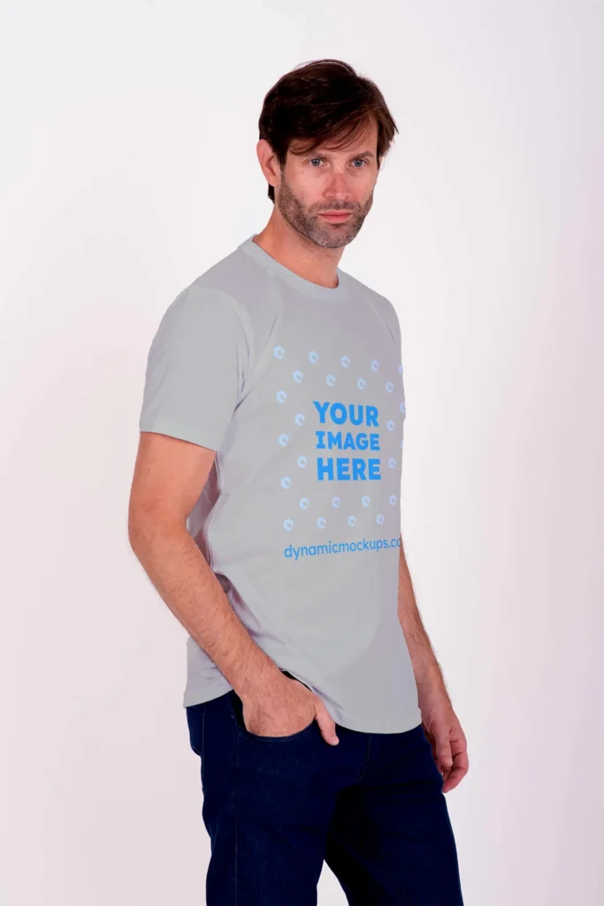 Man Wearing Light Gray T-shirt Mockup Side View Template