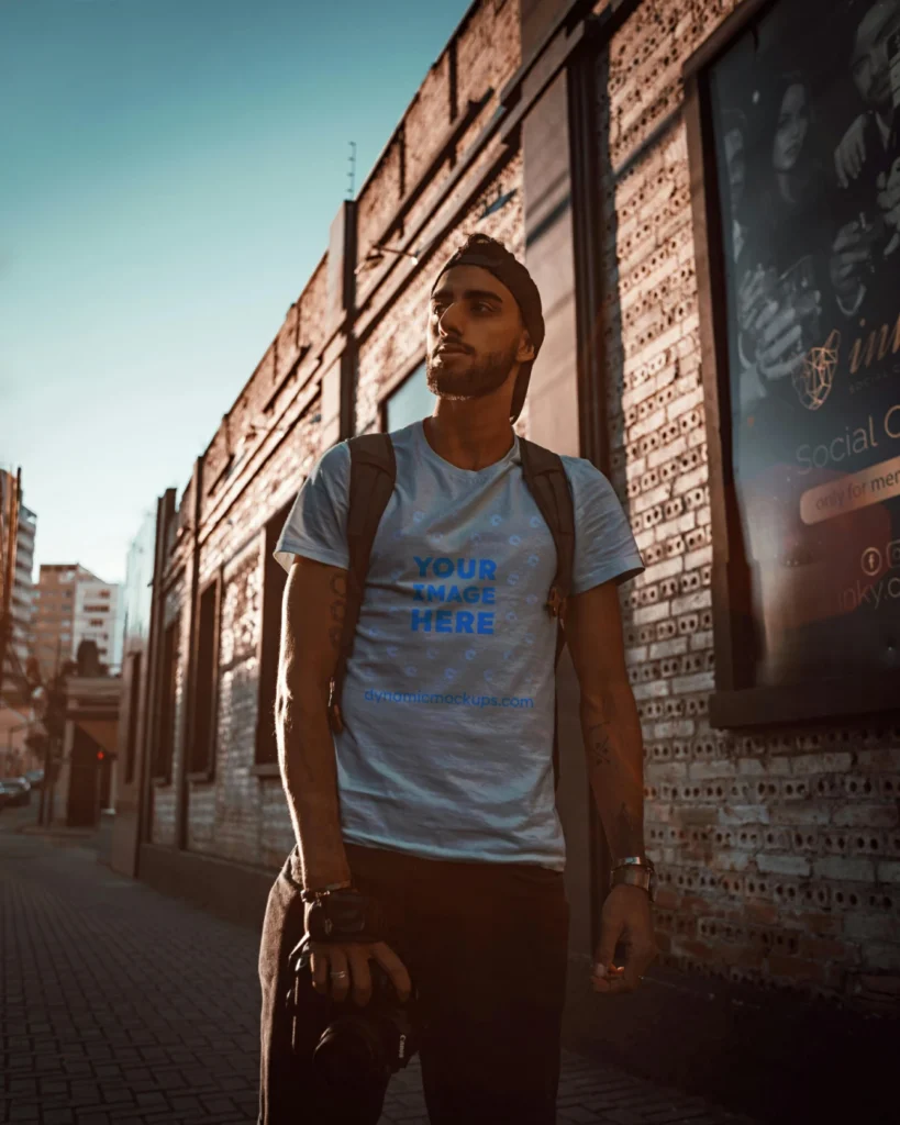 Man Wearing Light Gray T-shirt Mockup Front View Template