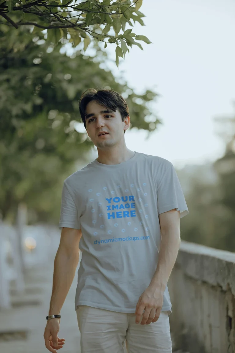 Man Wearing Light Gray T-shirt Mockup Front View Template