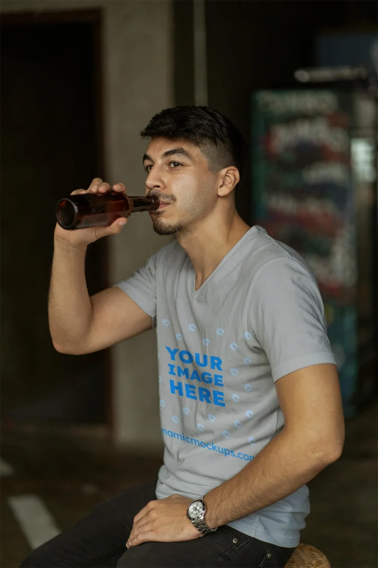 Man Wearing Light Gray T-shirt Mockup Side View Template