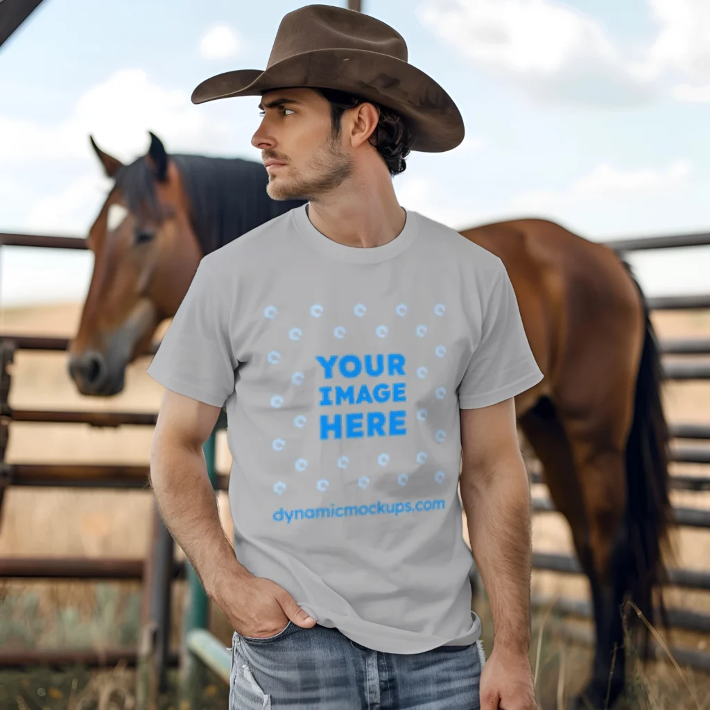 Man Wearing Light Gray T-shirt Mockup Front View Template